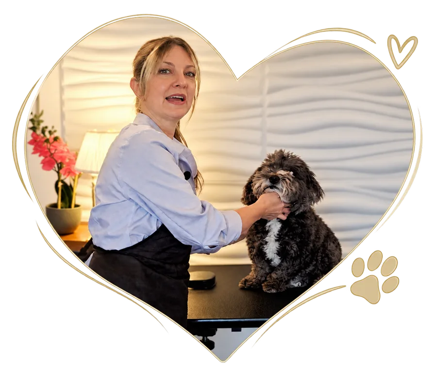A groomer tenderly cradling a dog&rsquo;s face at the grooming table